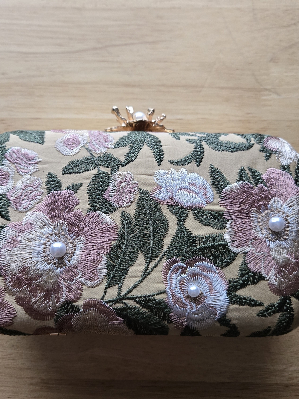 Source Unknown Pink and Green Floral Embroidered Clutch with Pearl Accents